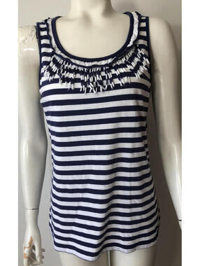 Chicos Womens 1 Sleeveless Knit Tank Navy Blue White Stripes Fringe Neckline